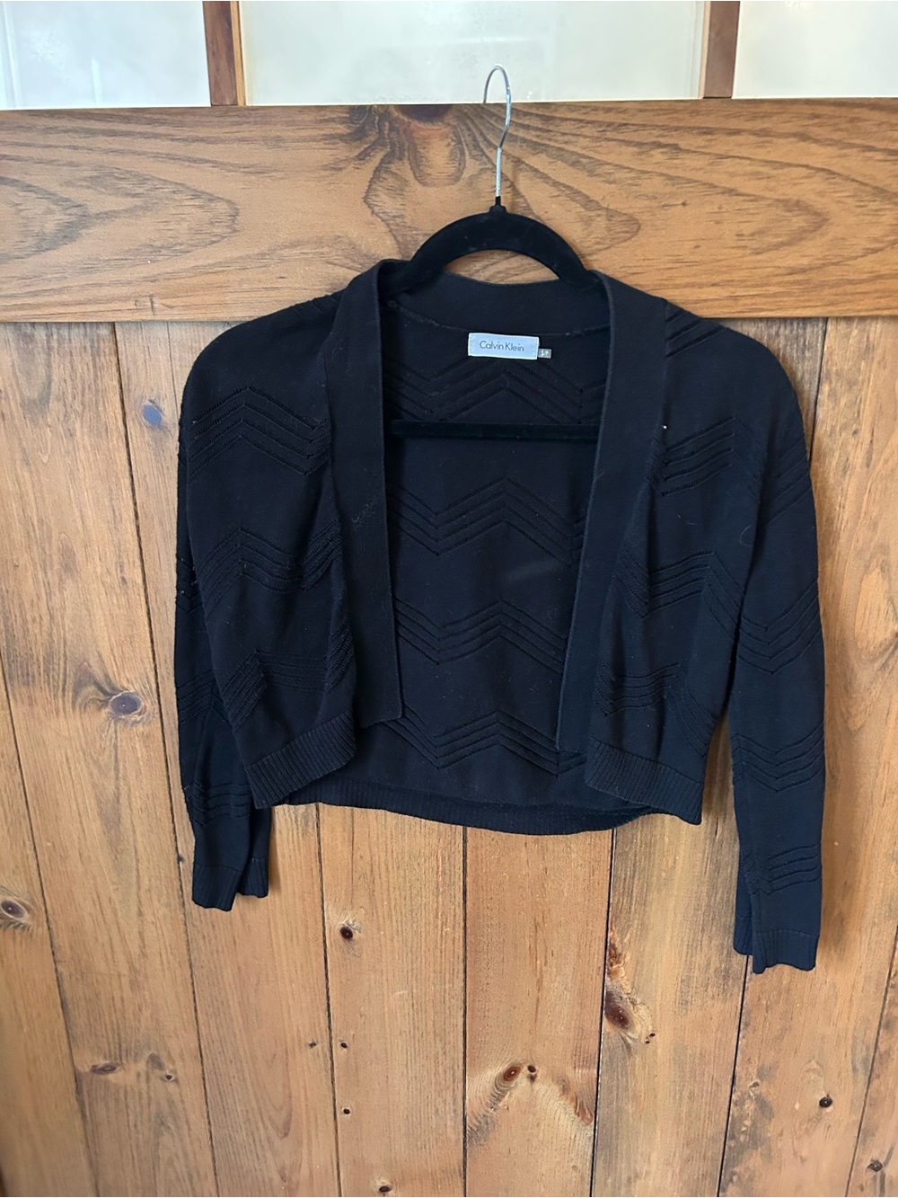 Calvin Klein Black Cropped Open-Front Chevron Knit Cardigan